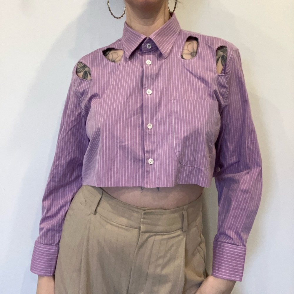 Reworked purple stripped Cutout Button-Down crop top Shirt